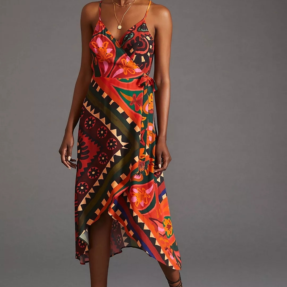 **Sold***FARM Rio Orange Pink & Green Floral Wrap High-Low Dress